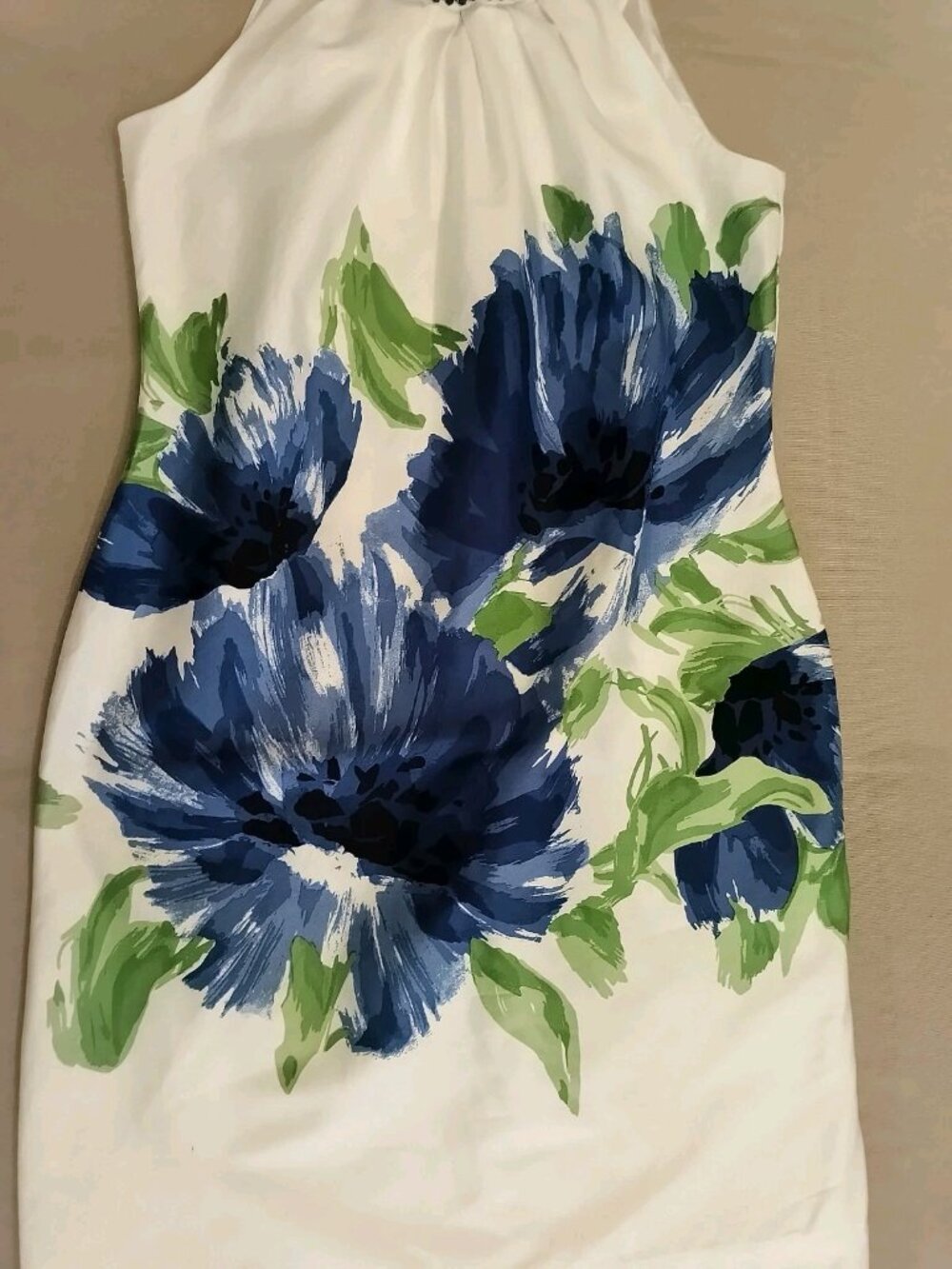 Sandra Darren Halter Floral Sleeveless Shift White Dress Size 8 Beaded Neck - Picture 4 of 12